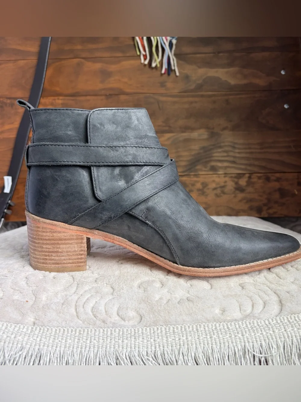 Free People Back Loop Ankle Buckle Boot EU 40 US 10 Washed Black Western